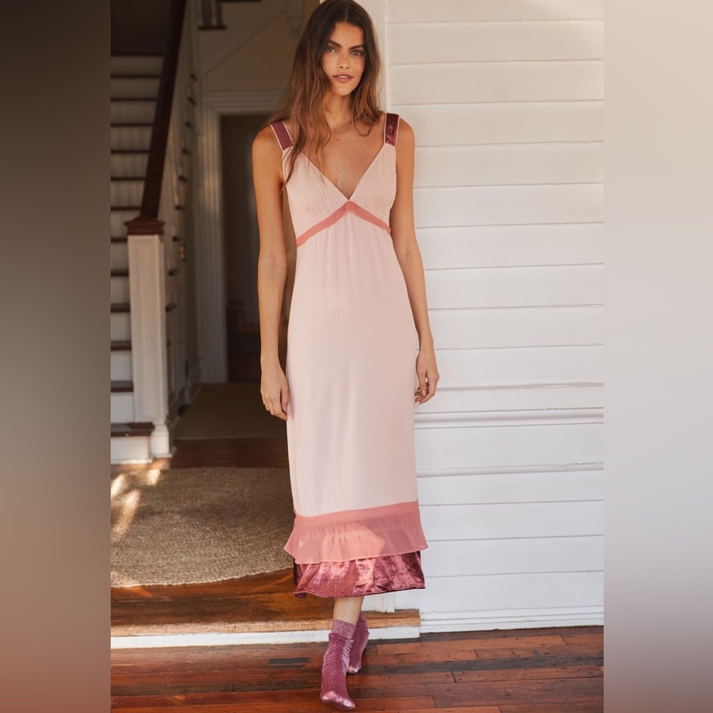 Anthropologie Velvet-Trimmed Slip Midi Dress Daytime Lounge Dress Pink Medium